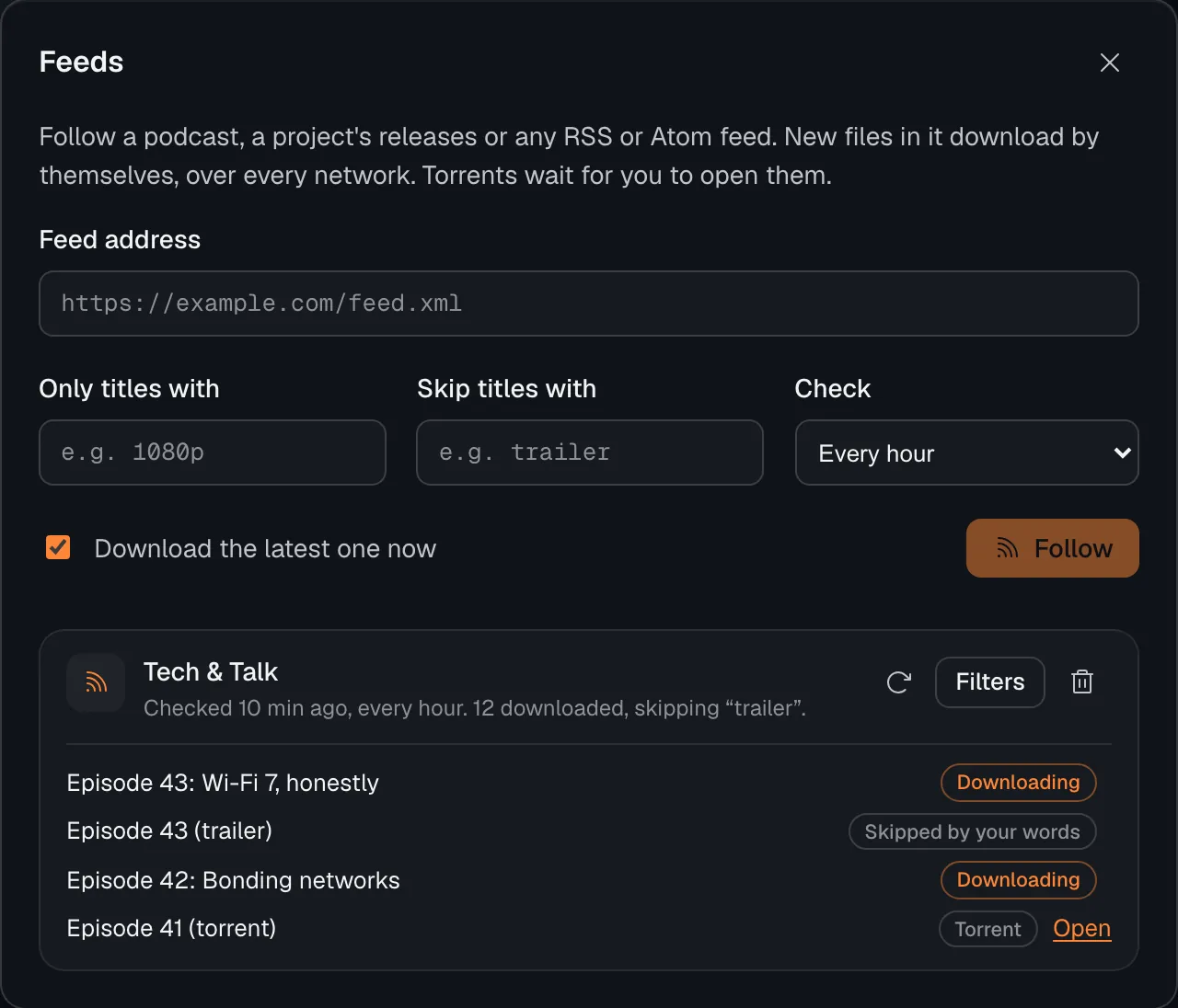 Fuselane following a podcast feed: new episodes download by themselves, a trailer is skipped by the words you chose, and a torrent waits to be opened.